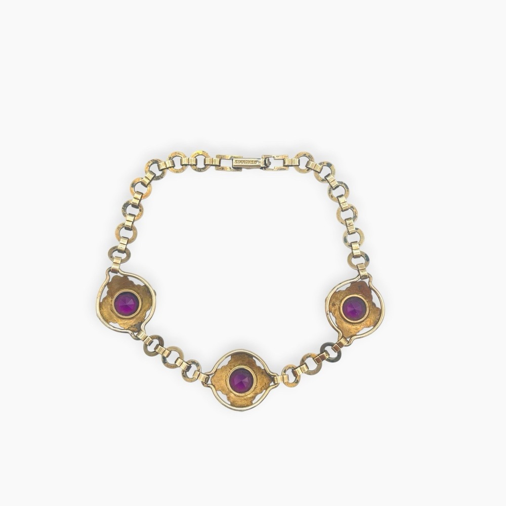 Simmons Gold Chain Link Bracelet‎ Amethyst Purple Glass Stone Box Clasp 7.5"